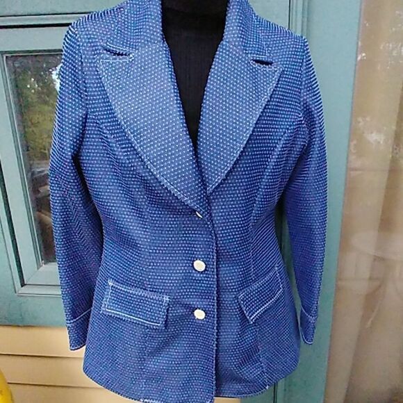 Vintage 70s Jantzen Blue White Polka Dot Blazer - Picture 1 of 6